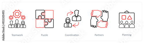 A set of 5 business icons such as teamwork, puzzle, coordination