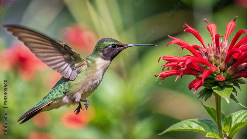 Fototapeta premium Vibrant hummingbird in mid-air, wings beating rapidly, adjacent to a bold red flower with delicate petals, against a blurred natural green background.