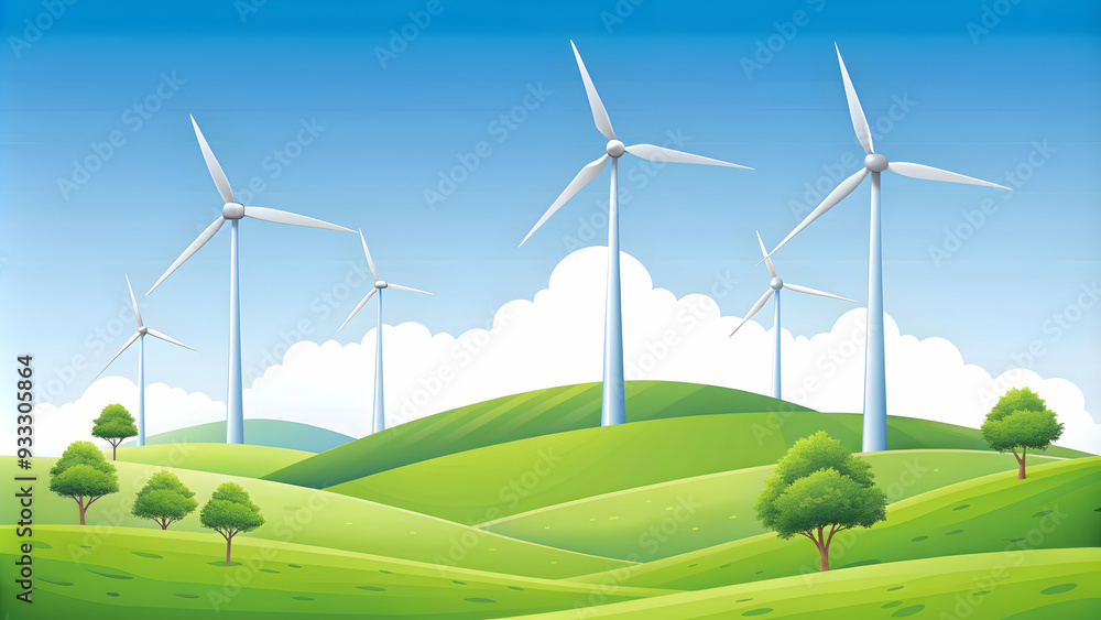 Simple flat vector illustration as Wind turbines on a hill concept as A picturesque hill with wind turbines capturing the essence of progress and hard work ideal for business presentations needing a c Simple flat vector illustration as Wind turbines on a hill concept as A picturesque hill with wind turbines capturing the essence of progress and hard work ideal for business presentations needing a c