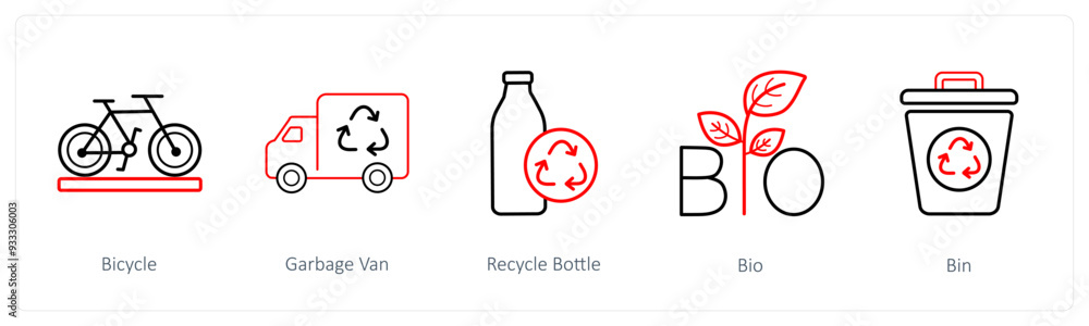 A set of 5 weather icons such as bicycle, garbage van A set of 5 weather icons such as bicycle, garbage van