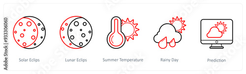 A set of 5 weather icons such as solar eclipse, lunar eclipse