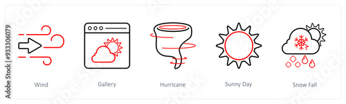 A set of 5 weather icons such as wind, gallery, hurricane