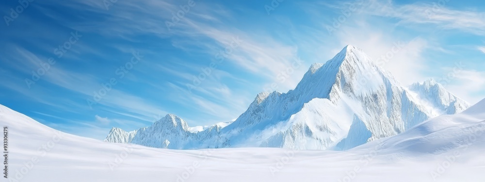 Obraz premium A snow-covered mountain with wispy clouds in the foreground under a blue sky, and a blue sky with wispy clouds in the background