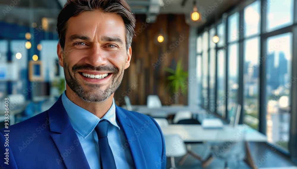 Blue-suited businessman smiling at the camera, with a modern office interior and cityscape view, close-up portrait, copy space on the right. Blue-suited businessman smiling at the camera, with a modern office interior and cityscape view, close-up portrait, copy space on the right.