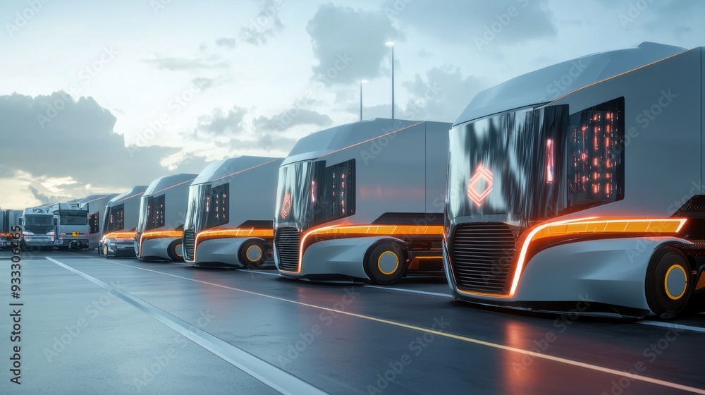 Futuristic Convoy of Autonomous Freight Trucks in 3D Render for Innovative Transportation Management, Generative Ai Futuristic Convoy of Autonomous Freight Trucks in 3D Render for Innovative Transportation Management, Generative Ai