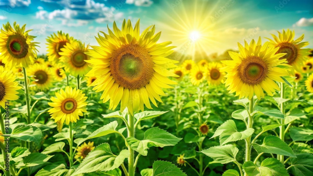 Obraz premium Vibrant yellow sunflowers stand tall in a lush green field, basking in the warm sunlight that casts a gentle glow against a brilliant blue sky.