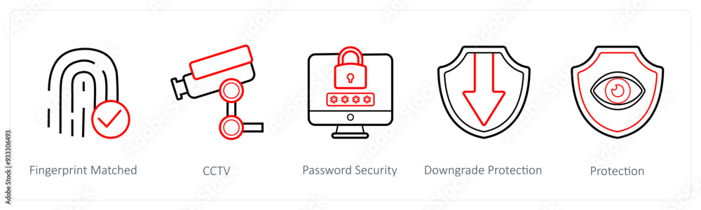 A set of 5 security icons such as fingerprint matched, cctv A set of 5 security icons such as fingerprint matched, cctv