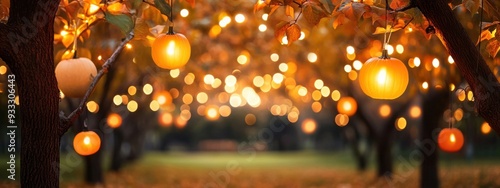 A peaceful, moonlit orchard with trees strung with soft, Halloween-themed lights and hanging decorations