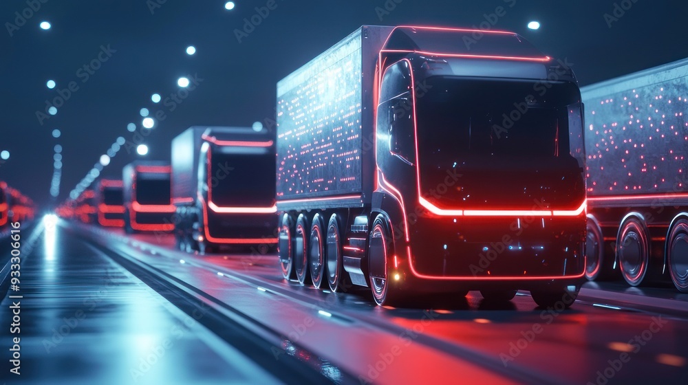 Futuristic Convoy of Autonomous Freight Trucks in 3D Render for Innovative Transportation Management, Generative Ai Futuristic Convoy of Autonomous Freight Trucks in 3D Render for Innovative Transportation Management, Generative Ai