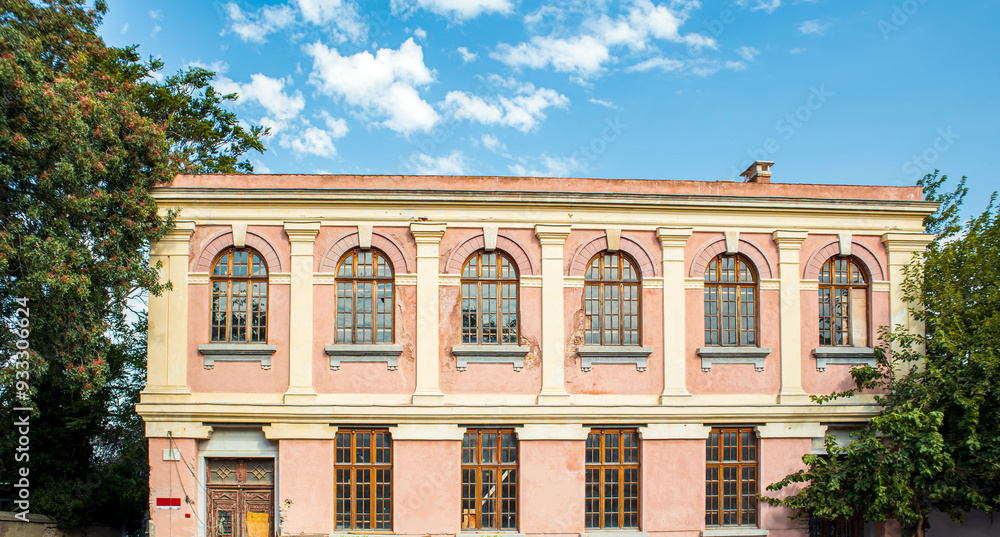 Fototapeta premium Old rum (greek) school, building facade, selective focus in the summer, heybeliada island, prince islands, adalar, istanbul