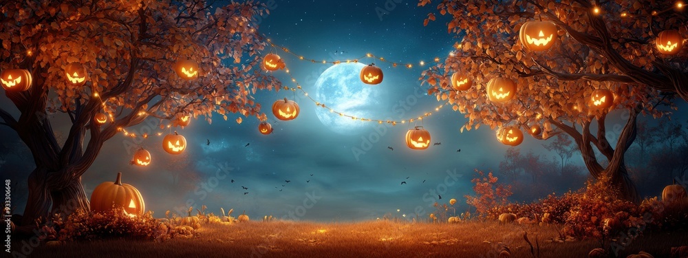 Fototapeta premium A peaceful, moonlit orchard with trees strung with soft, Halloween-themed lights and hanging decorations
