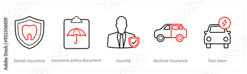 A set of 5 insurance icons such as dental insurance, insurance policy document