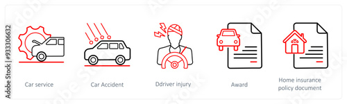 A set of 5 insurance icons such as car service, car accident