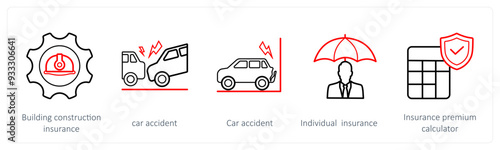 A set of 5 insurance icons such as building construction insurance