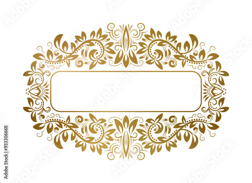 Golden ornate frame with floral ornaments for text. Excellent for elegant label decoration, name plate or greeting card design.