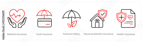 A set of 5 insurance icons such as medical insurance, card insurance