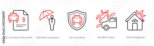 A set of 5 insurance icons such as car insurance document, individual insurance