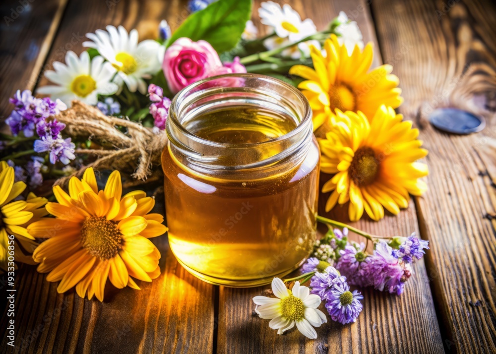 Vibrant flowers surround a rustic glass jar filled with golden honey, set against a warm wooden background, evoking a sense of natural sweetness and serenity. Vibrant flowers surround a rustic glass jar filled with golden honey, set against a warm wooden background, evoking a sense of natural sweetness and serenity.