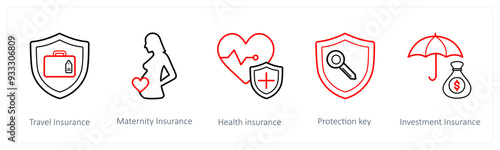 A set of 5 insurance icons such as travel insurance, maternity insurance