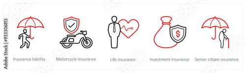 A set of 5 insurance icons such as insurance liability, motorcycle insurance