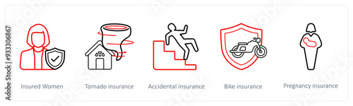 A set of 5 insurance icons such as insured women, tornado insurance