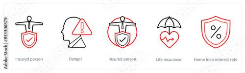A set of 5 insurance icons such as insured person, danger, life insurance