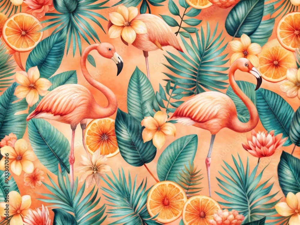 Vibrant watercolor illustration of a tropical seamless pattern featuring a flamingo amidst lush greenery and colorful summer fruits, perfect for textile fabric or wallpaper design. Vibrant watercolor illustration of a tropical seamless pattern featuring a flamingo amidst lush greenery and colorful summer fruits, perfect for textile fabric or wallpaper design.