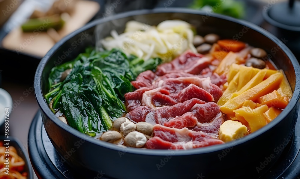A large pot of food with a variety of vegetables and meat A large pot of food with a variety of vegetables and meat