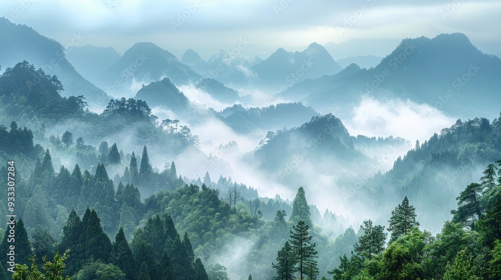 Showing a morning picture with thick fog in the mountains. Showing a morning picture with thick fog in the mountains.