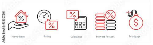 A set of 5 loan icons such as home loan, rating, calculator