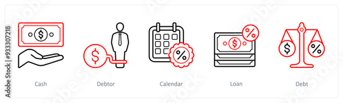 A set of 5 loan icons such as cash, debtor, calendar