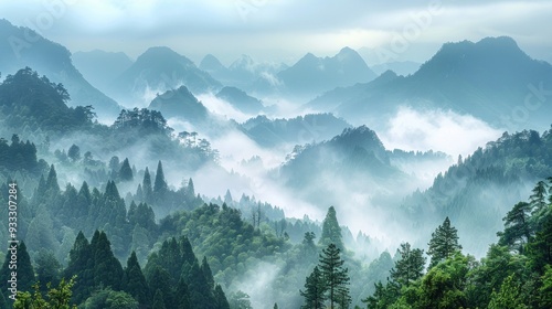 Showing a morning picture with thick fog in the mountains.