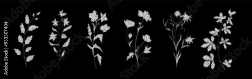 White dotted plants set isolated on black background. Halftone stipple vector illustration