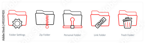 A set of 5 folder icons such as folder settings, zip folder