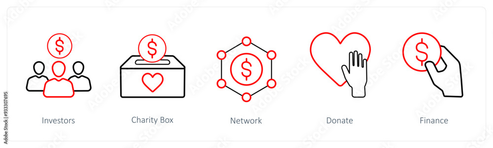 A set of 5 crowdfunding and donation icons such as investors, charity box A set of 5 crowdfunding and donation icons such as investors, charity box