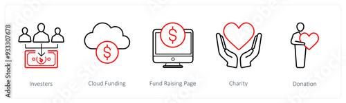A set of 5 crowdfunding and donation icons such as investors, cloud funding
