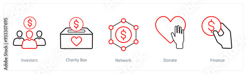 A set of 5 crowdfunding and donation icons such as investors, charity box