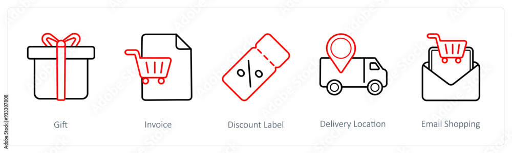 A set of 5 ecommerce and shopping icons such as gift, invoice, discount label A set of 5 ecommerce and shopping icons such as gift, invoice, discount label
