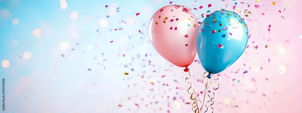 Two balloons with confetti and streamers against a pink, blue, and pink background Two balloons with confetti and streamers against a pink, blue, and pink background