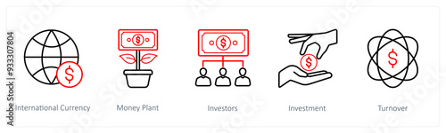 A set of 5 crowdfunding and donation icons such as international currency, money plant