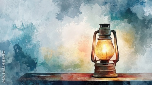 Kerosene lamp resting on a table in watercolor style photo