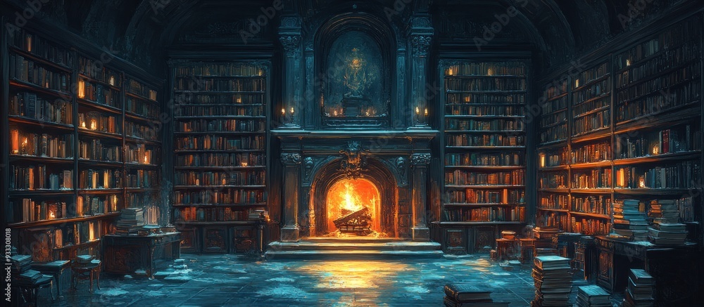 A Cozy Fireplace in a Grand Library A Cozy Fireplace in a Grand Library