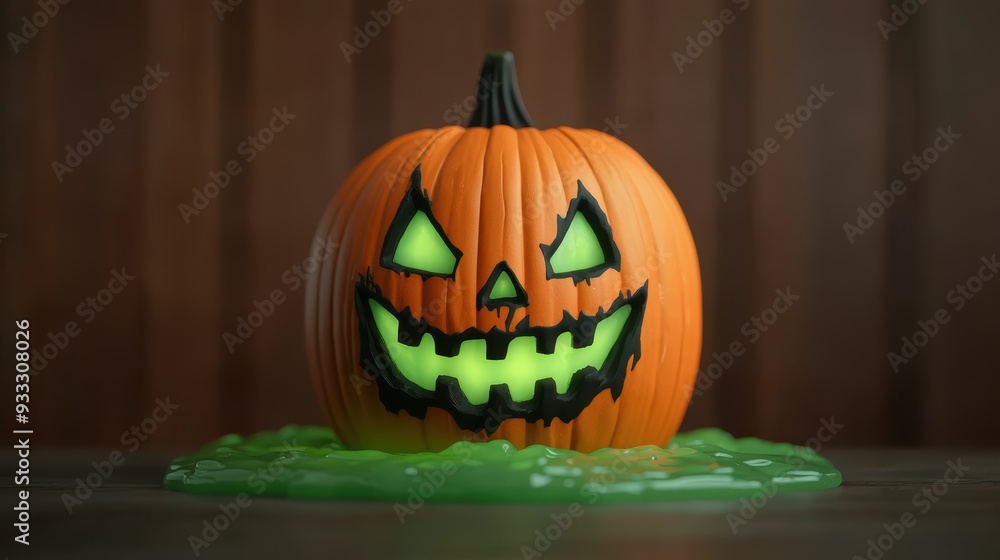 Obraz premium Cartoonish Horror Theme Pumpkin Melting into Glowing Green Goo - Spooky Halloween Concept with Copy Space