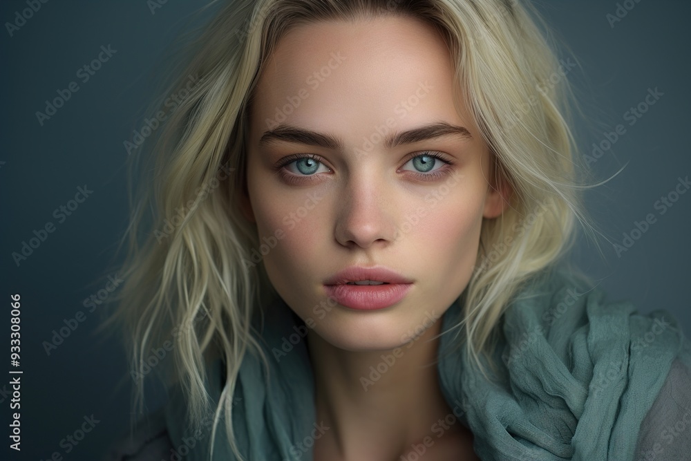 Fototapeta premium A blonde woman with blue eyes and a pinkish lip is wearing a scarf
