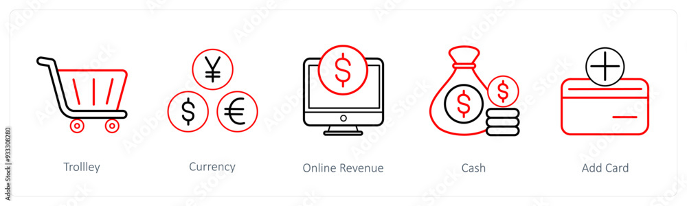 A set of 5 ecommerce and shopping icons such as trolley, currency, online revenue A set of 5 ecommerce and shopping icons such as trolley, currency, online revenue