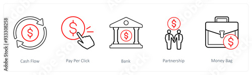 A set of 5 ecommerce and shopping icons such as cash flow, pay per click