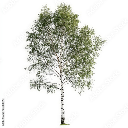 A tall birch tree stands alone on a white background