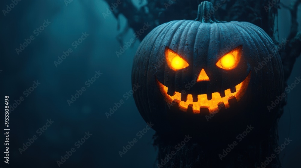 Naklejka premium Sinister Halloween Pumpkin Growing from Haunted Tree with Glowing Eyes - Spooky Season Concept with Copy Space