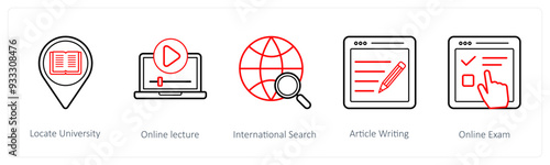 A set of 5 online education icons such as locate university, online lecture