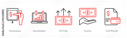 A set of 5 finance and money icons such as presentation, monetization